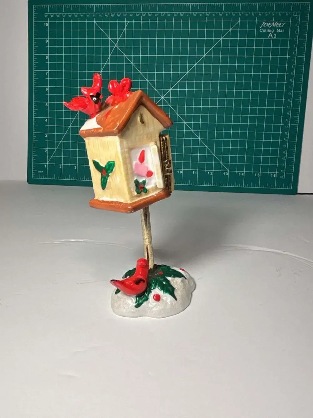 Vintage Ceramic Cardinal Birdhouse Trinket Box on Snowy Holly Post
